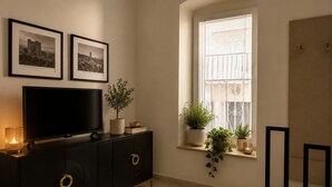Een kamer met een televisie op een zwarte kast, twee ingelijste foto's aan de muur, een raam met zonwering en potplanten op de vensterbank.