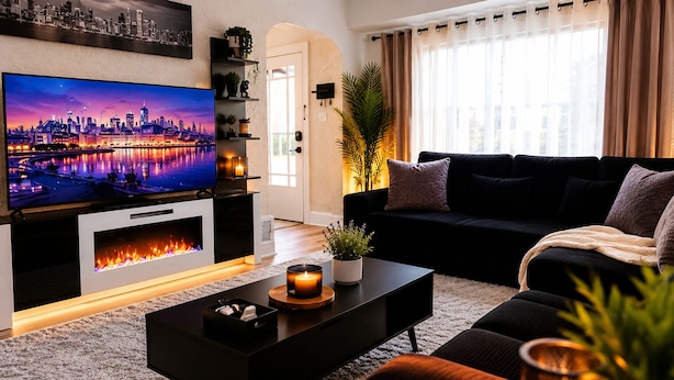 A modern living room with a flat-screen TV, a fireplace, a black sofa, and a coffee table. - Modern Duplex Near Airport & Downtown + Game Room & Lake (Milwaukee)