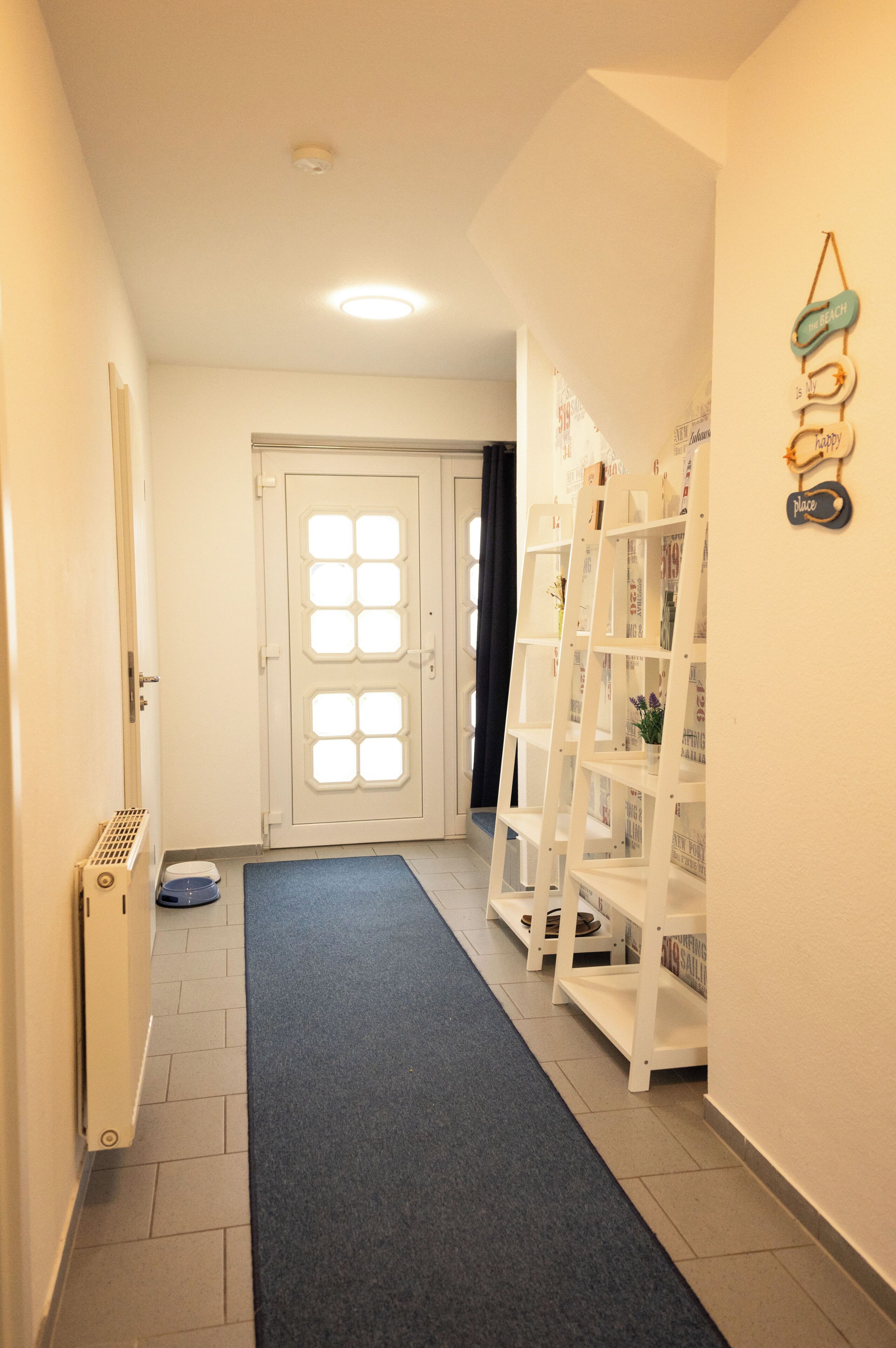 Un couloir avec une porte blanche, un radiateur, une moquette bleue et une étagère blanche contenant des magazines.