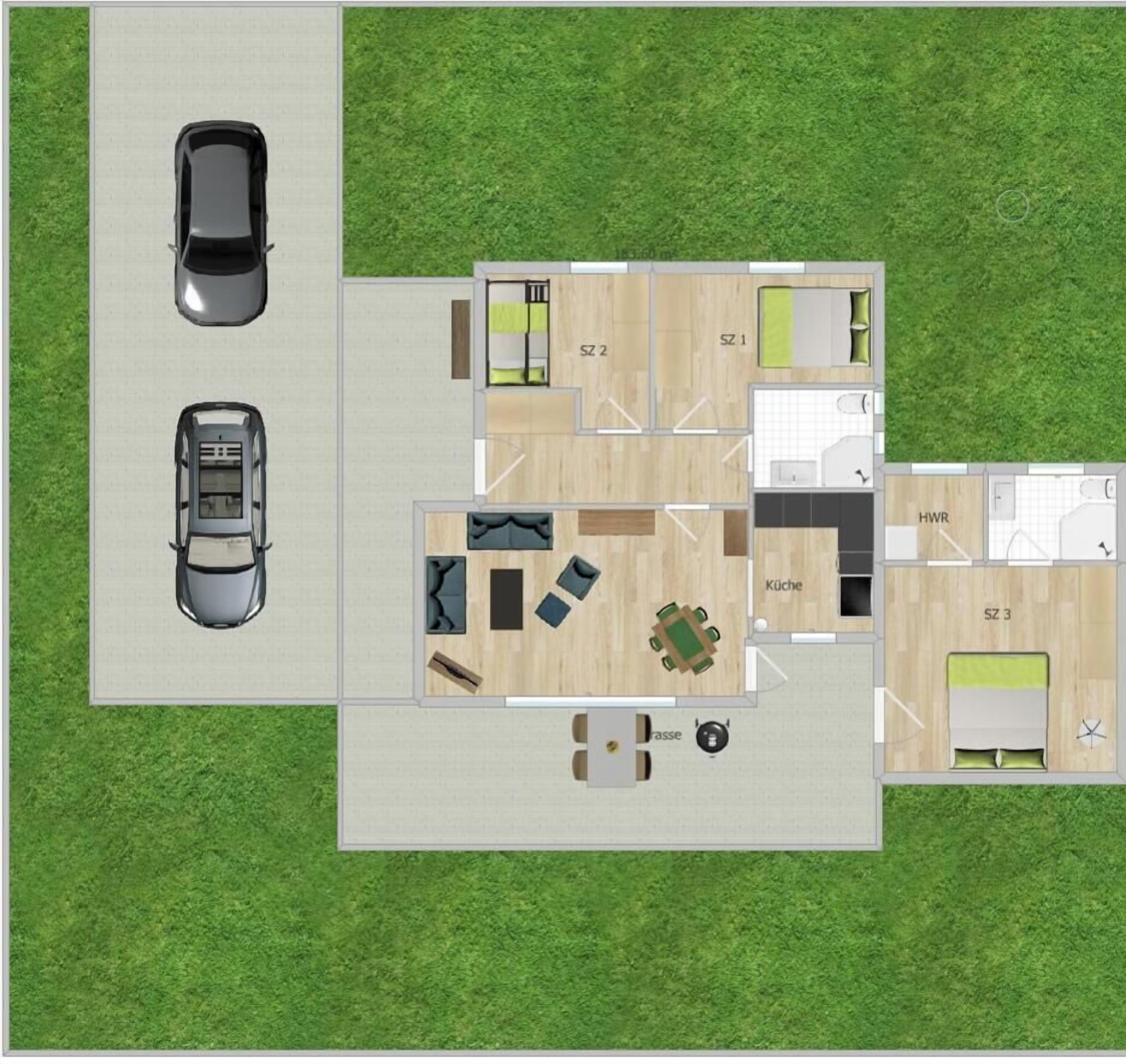 Een tweelaags gebouw met een autoportaal, een eetruimte, een keuken, een woonkamer en een badkamer.
