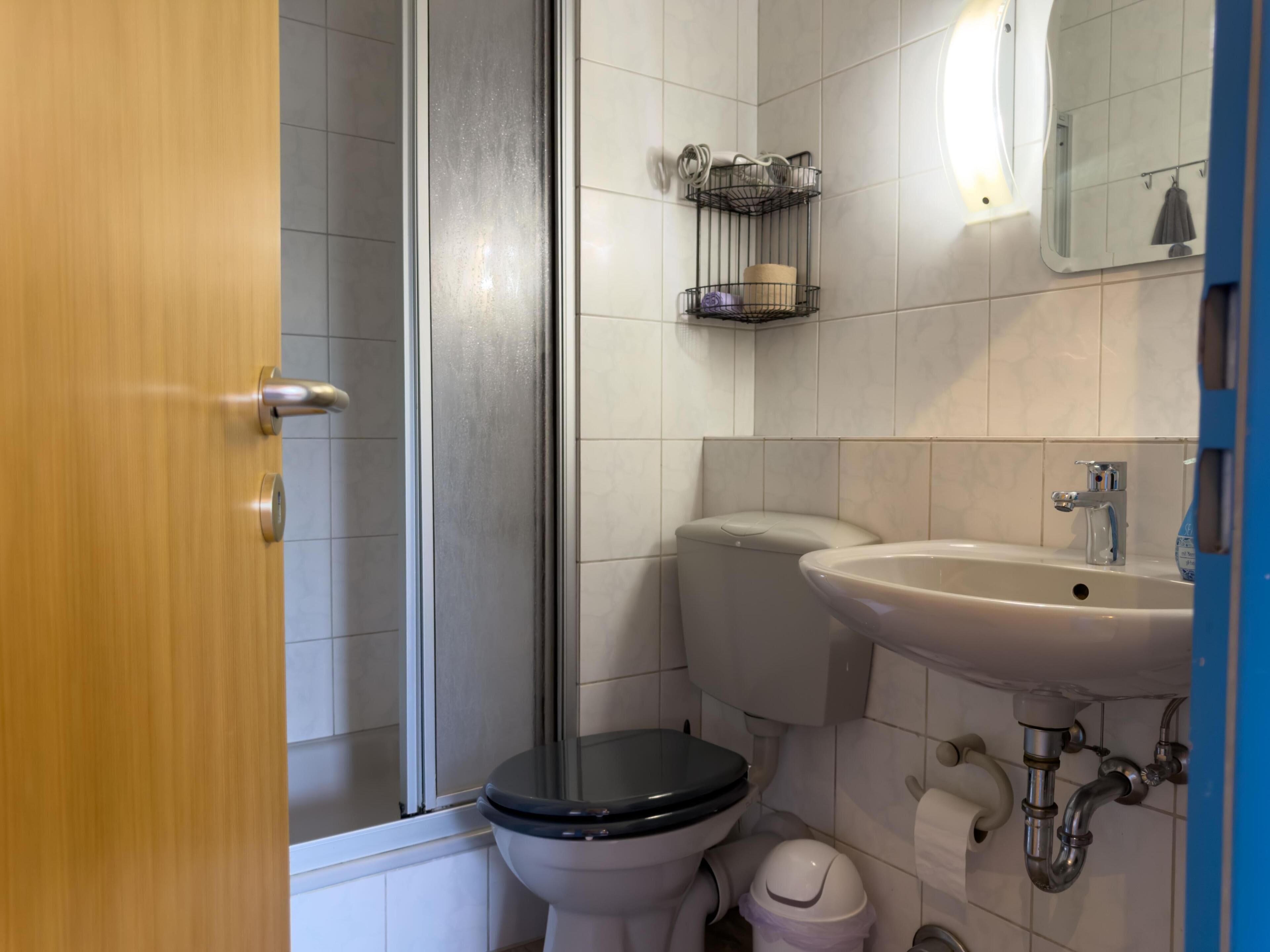 A bathroom with a toilet, sink, and shower area.