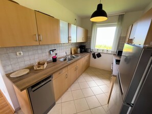 Eine moderne Küche mit Holzausstattung, einem Edelstahl-Spülbecken, einem Geschirrspüler, einem Kühlschrank und einer Pendelleuchte.