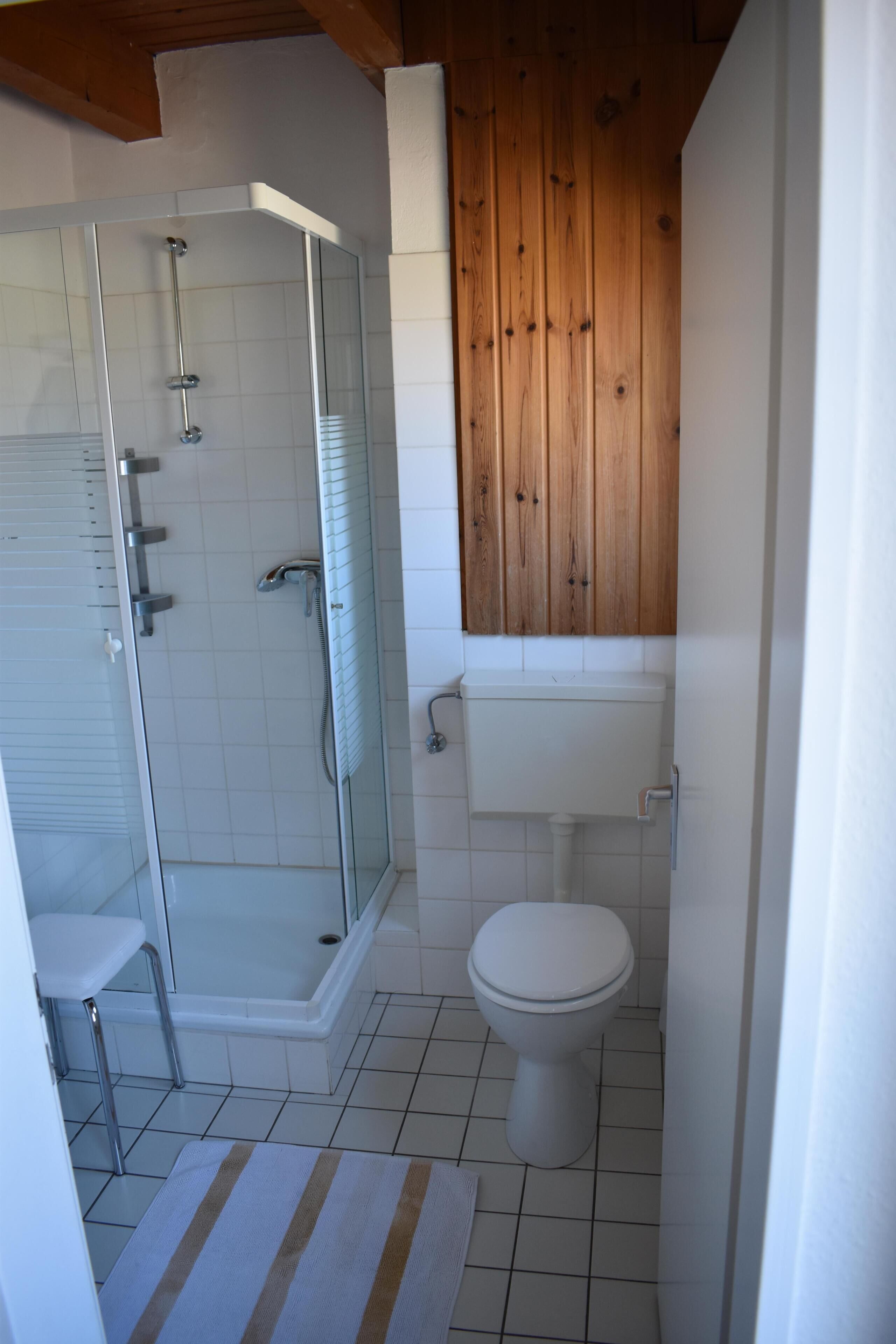Une salle de bain avec une douche à parois de verre, des toilettes et un lavabo.