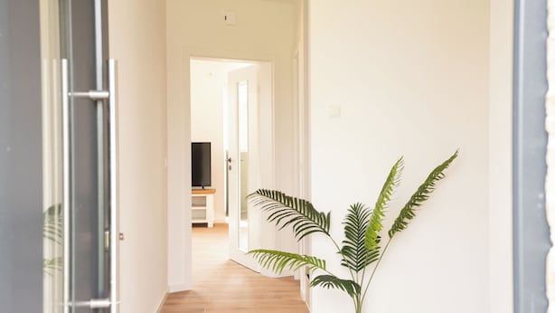 A hallway with wooden flooring, a potted plant, and a door leading to another room. - The modern vacation home Wanger Meerblick offers high-quality living comfort, three bedrooms, a fenced garden and a wonderful view of the Wangermeer - perfect for families and dog owners. (Wangerland)