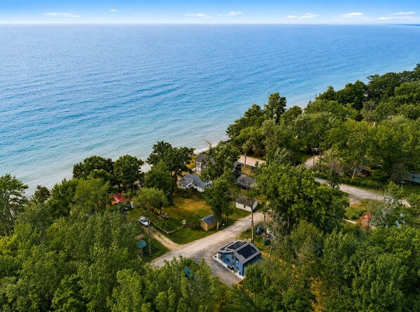 A coastal residential area with houses surrounded by dense greenery and a view of the ocean.