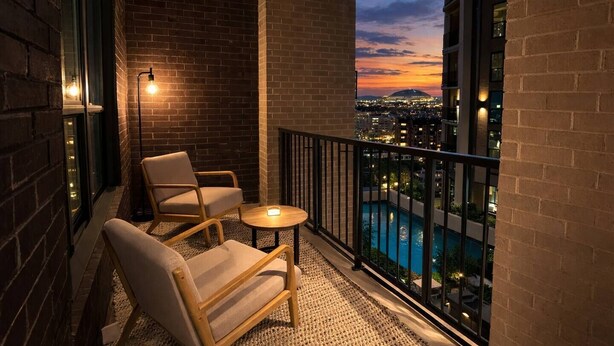 Ein Balkon mit zwei Stühlen und einem kleinen Tisch, mit Blick auf eine Stadtlandschaft und ein Gewässer im Abendlicht.
