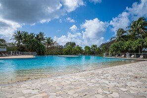 En swimmingpool med kristallklart vatten, omgiven av palmer och en terrass av sten.