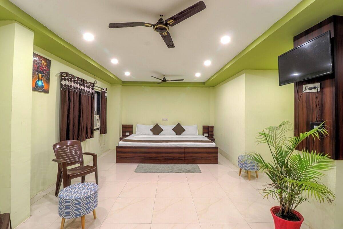 A bedroom with a bed, ceiling fans, a television, a chair, a small stool, and a potted plant.