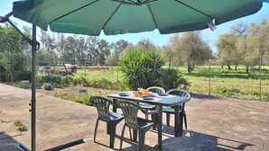 Un patio exterior con una mesa y sillas bajo un paraguas verde, rodeado de un jardín y árboles.