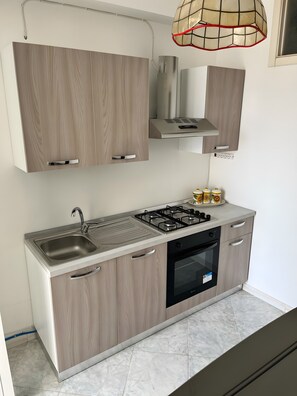 Kühlschrank, Ofen, Herdplatte, Wasserkocher mit Kaffee-/Teezubehör