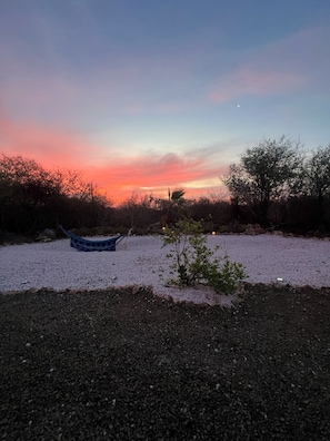 A gravel area with a small blue boat and sparse vegetation.
