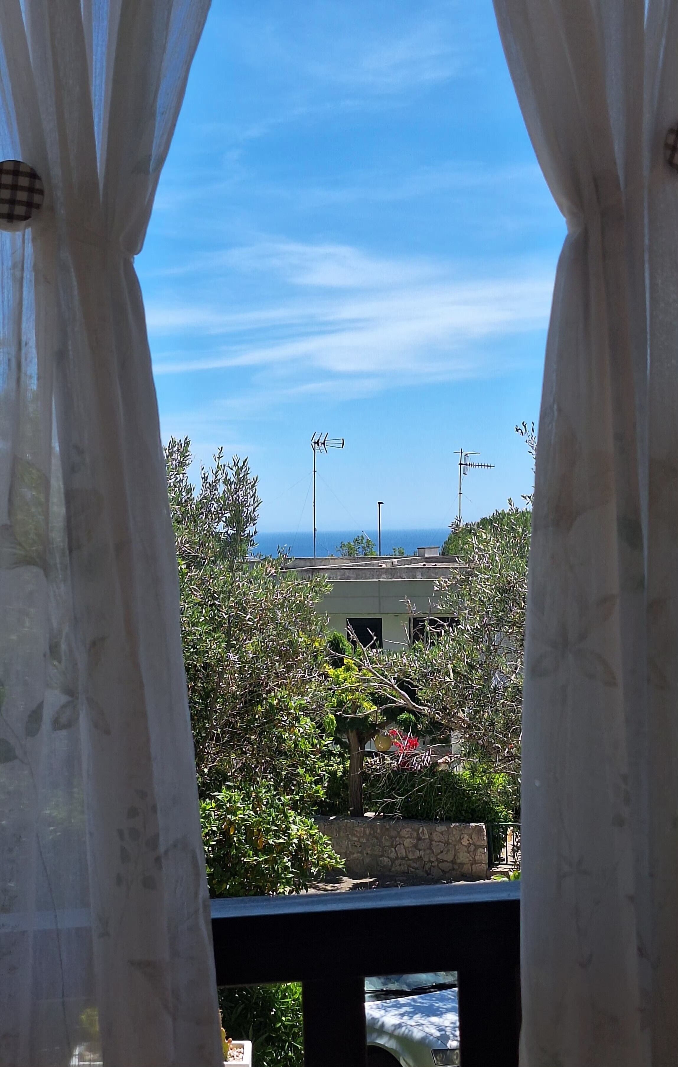 Blick durch Vorhänge auf einen Balkon mit blauem Himmel und entfernten Gebäuden.