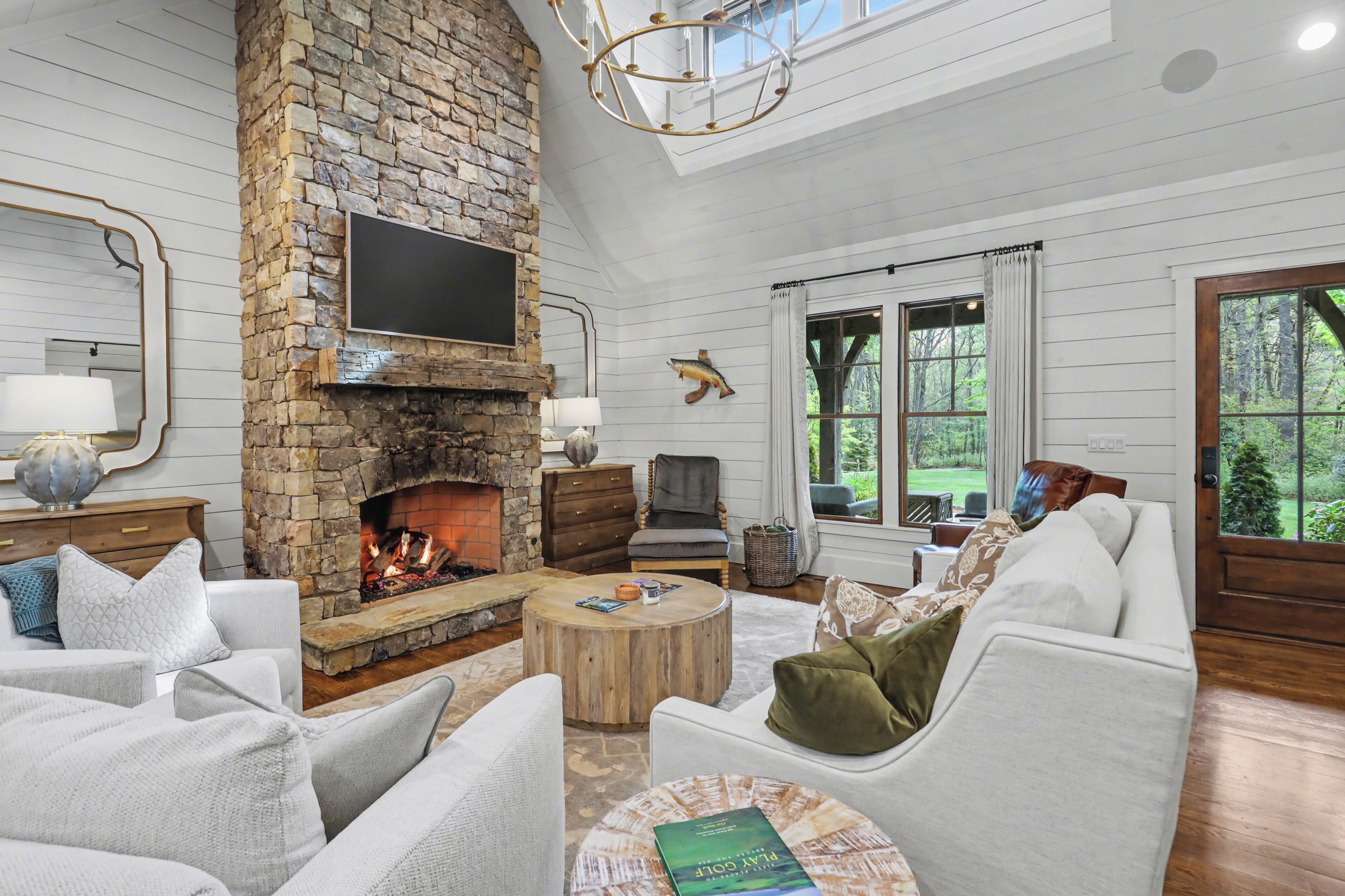 Smart TV, fireplace, books