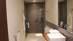 A modern bathroom with a glass-enclosed shower, a white sink, and a toilet. - TRES79 Hotel Boutique Orizaba - Deluxe Room, 1 King (Orizaba)