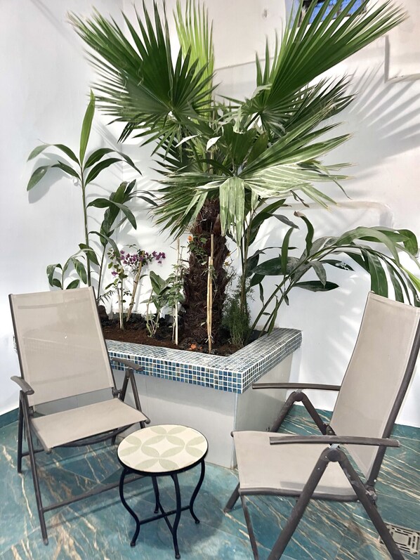 A seating area with two chairs and a small table, surrounded by potted plants and a tiled planter. - Suite Verde Medina Tangier (Tanger)