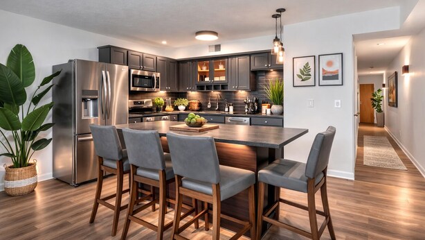 A modern kitchen with a central island, stainless steel appliances, and a seating area with chairs. - Modern Flats Retreat  Free Parking & Gym (Cleveland)