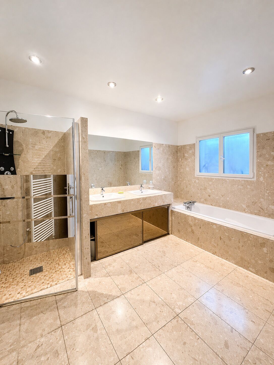 Hair dryer, towels, soap, toilet paper