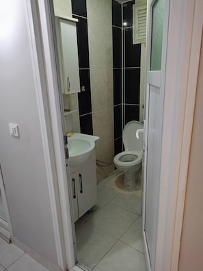 Kylpyhuone, jossa on wc, pesuallas ja peili.
