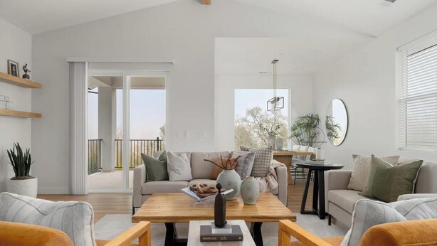 A modern living room with a sofa, coffee table, and a dining area. - Fabulous, brand new 3-bedrm house with views, high-speed internet, AC in Auburn. (Auburn)