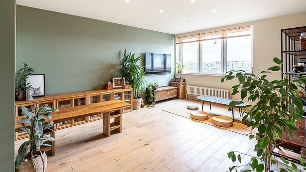 Um quarto amplo com um banco de madeira, um radiador, uma janela com vista e várias plantas em vasos.