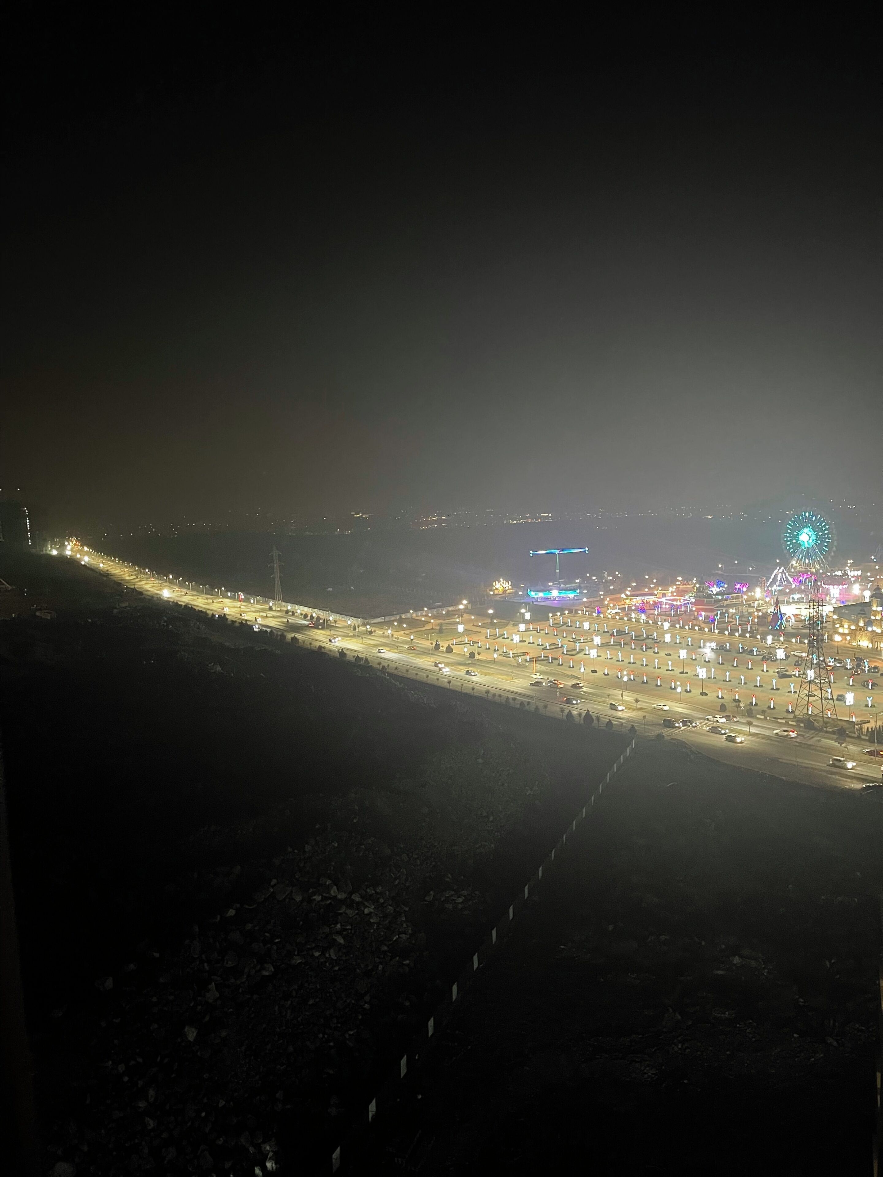 A nighttime view of a well-lit urban area with a prominent Ferris wheel and a busy road.