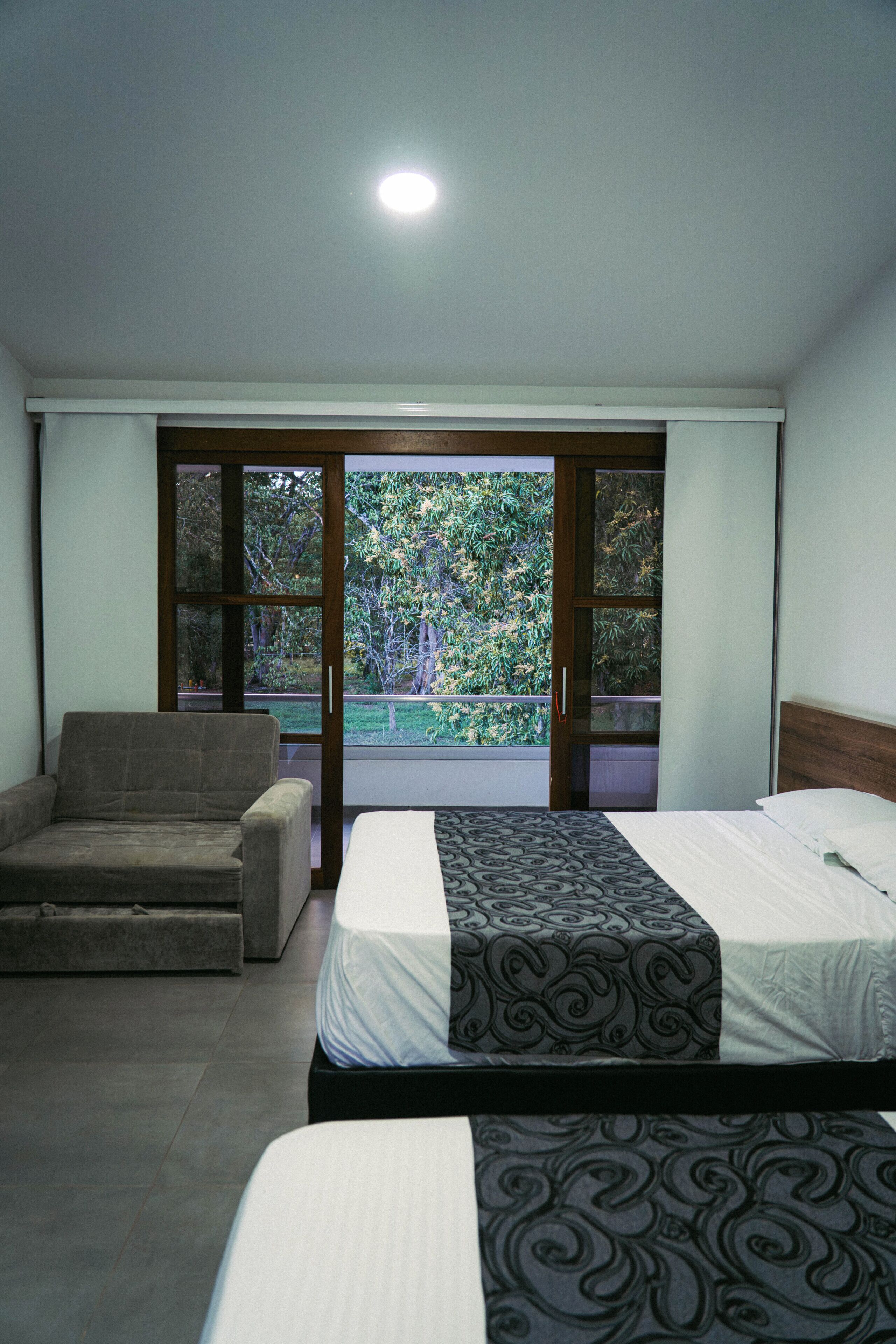 A hotel room with a sofa, a bed, and a view of a garden through a sliding door.