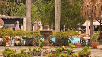 A garden area with a stone fountain, surrounded by various plants and trees.