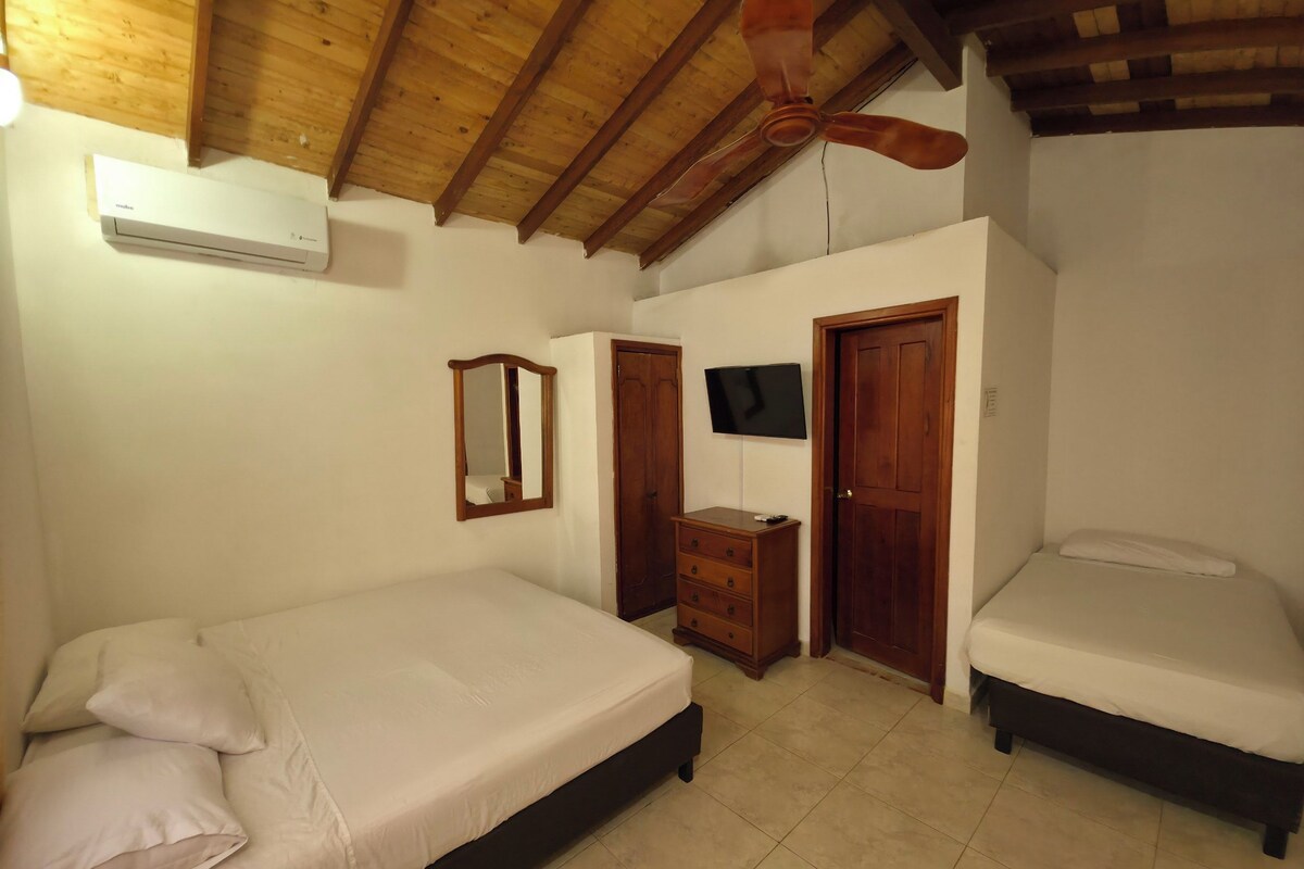 A bedroom with two beds, a ceiling fan, a TV, and a dresser.