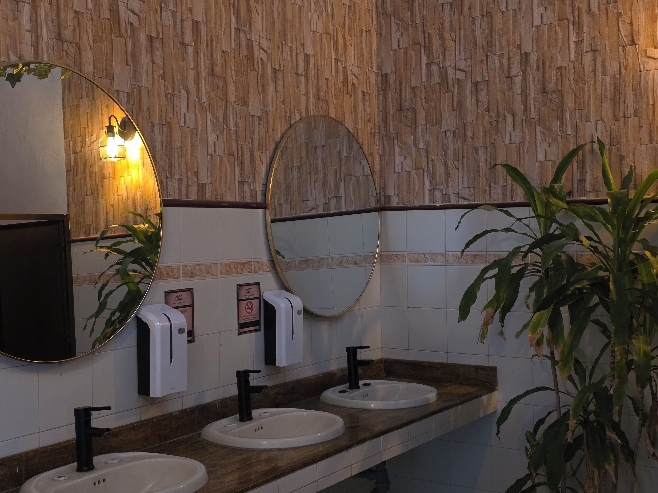 A bathroom with two sinks, a mirror, and a wall-mounted soap dispenser.
