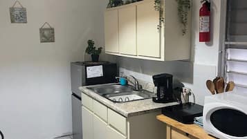 Cocina compacta con fregadero, estufa y microondas. Hay armarios sobre la encimera, una planta colgante y un extintor en la pared.