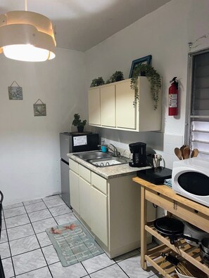 Une cuisine compacte équipée d’un évier, d’une cuisinière et d’un four à micro-ondes. On y trouve des placards au-dessus du plan de travail, une plante suspendue et un extincteur fixé au mur.
