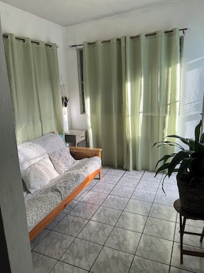 Un saló amb un sofà, una taula petita, una planta en testos i una finestra amb cortines.