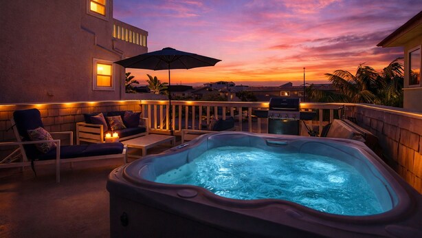 A hot tub on a balcony with a sunset view, outdoor seating, and a railing. - Perfect Newport Beach Location With Balcony & Spa (Newport Beach)