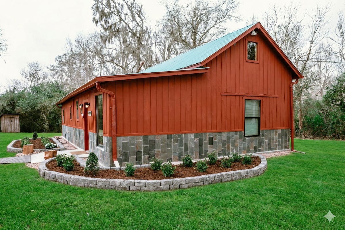 A red wooden building with a stone foundation, surrounded by a well-maintained lawn and a stone border.