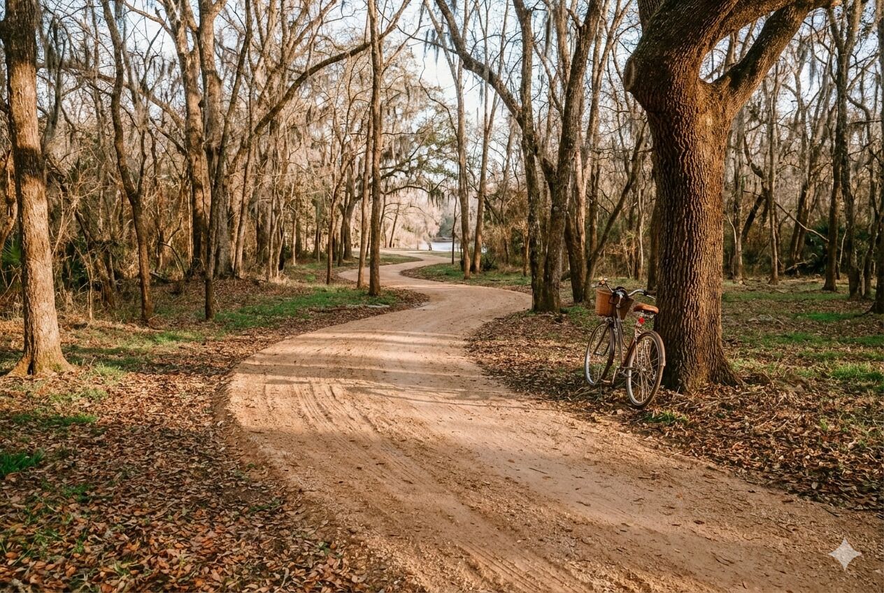 A dirt path in a wooded area with a bicycle leaning against a tree.