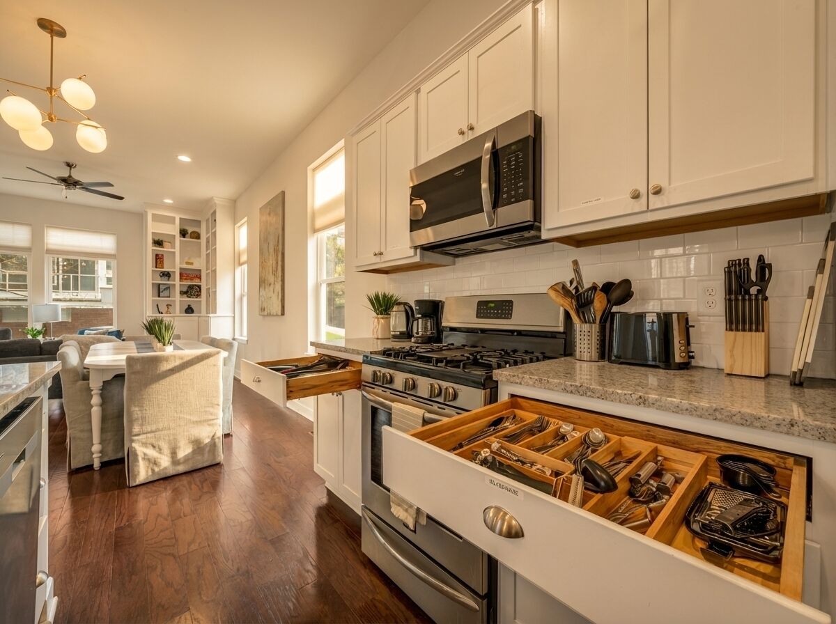 Una cocina moderna con armarios blancos, microondas, estufa y organizador de cajones.