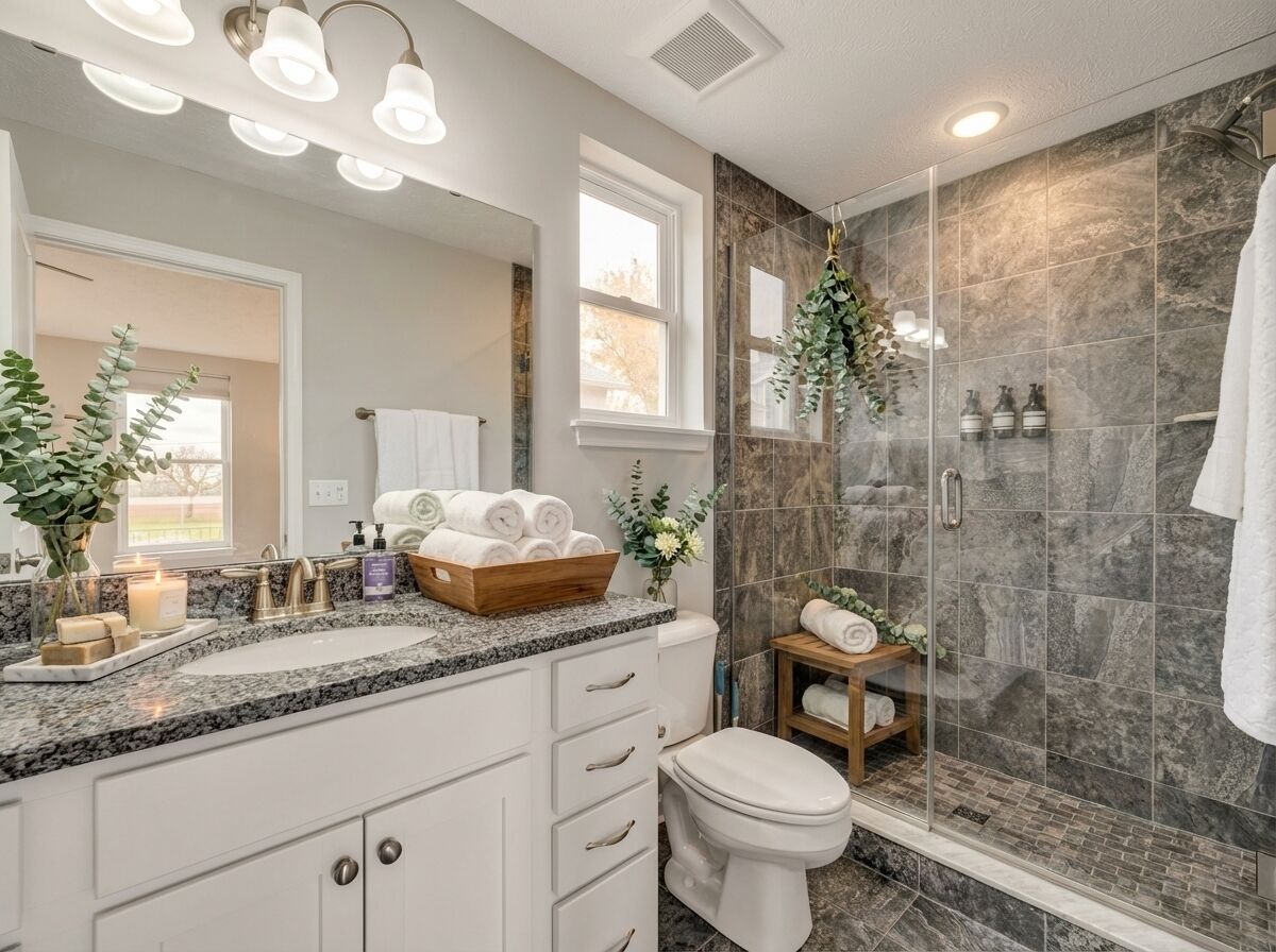 Un baño moderno con encimera de granito, sanitarios blancos y cabina de ducha de vidrio, con vistas al exterior.
