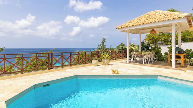 Ein Pool mit Meerblick, eine überdachte Sitzgelegenheit und ein Grill.