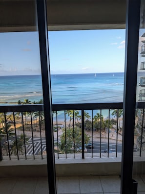 Un balcone con vista sull'oceano, palme e spiaggia.