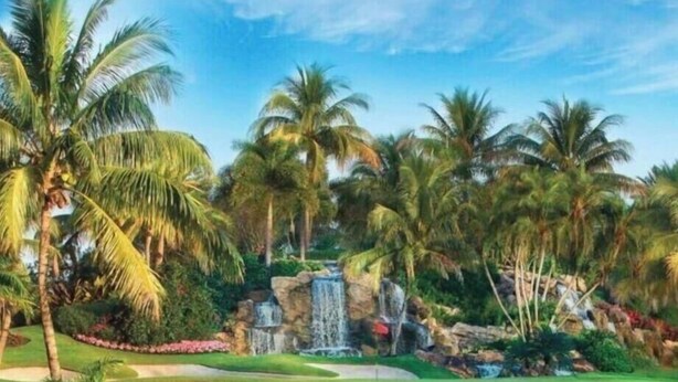 Un parcours de golf bordé de palmiers, avec une cascade et un ciel dégagé.