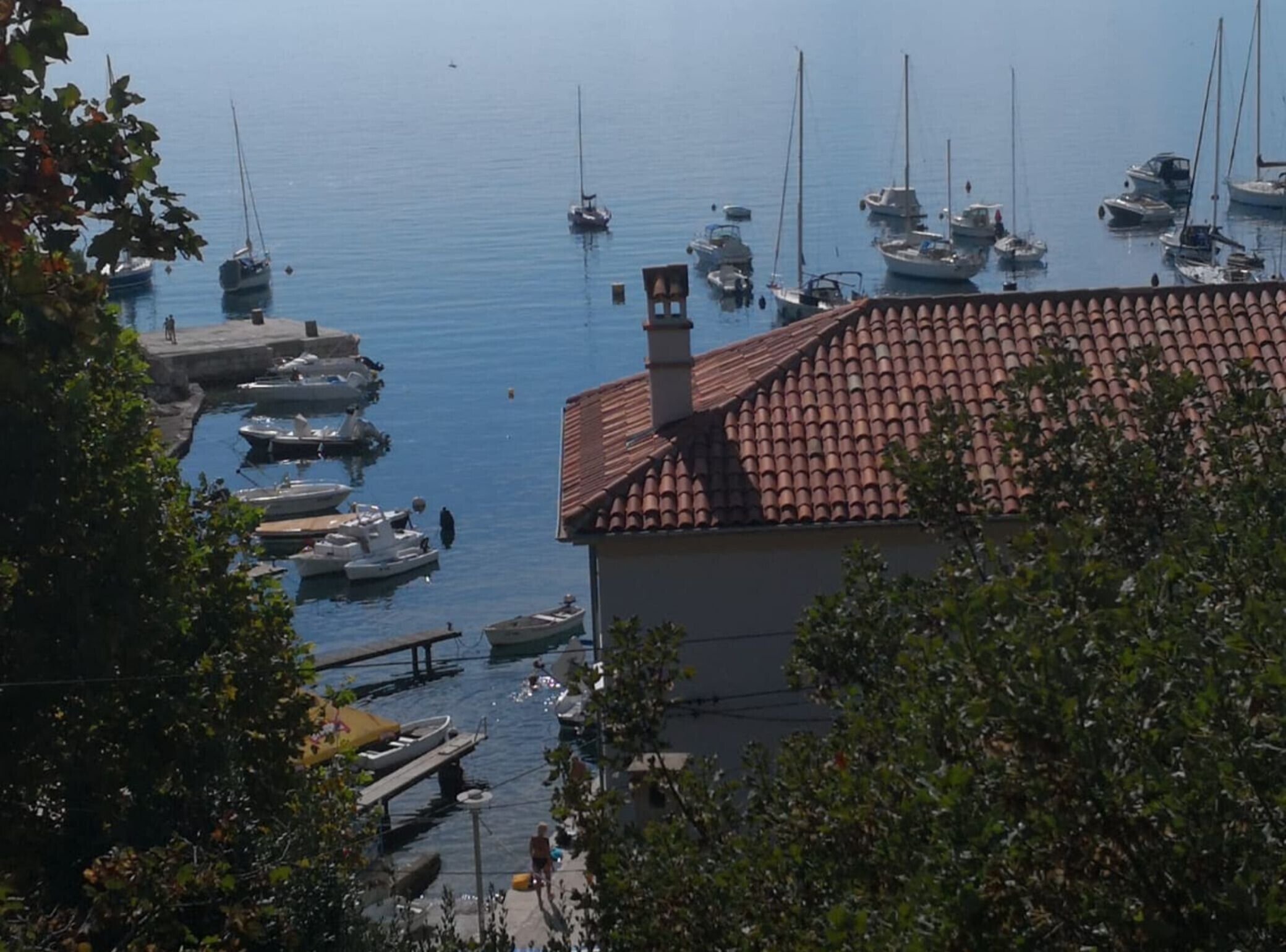 A marina with boats docked, a building with a tiled roof, and surrounding greenery.
