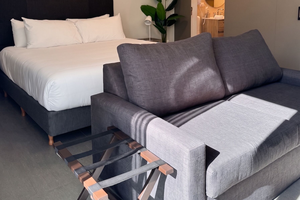 A modern hotel room with a bed, a grey sofa, a small table, and a plant.