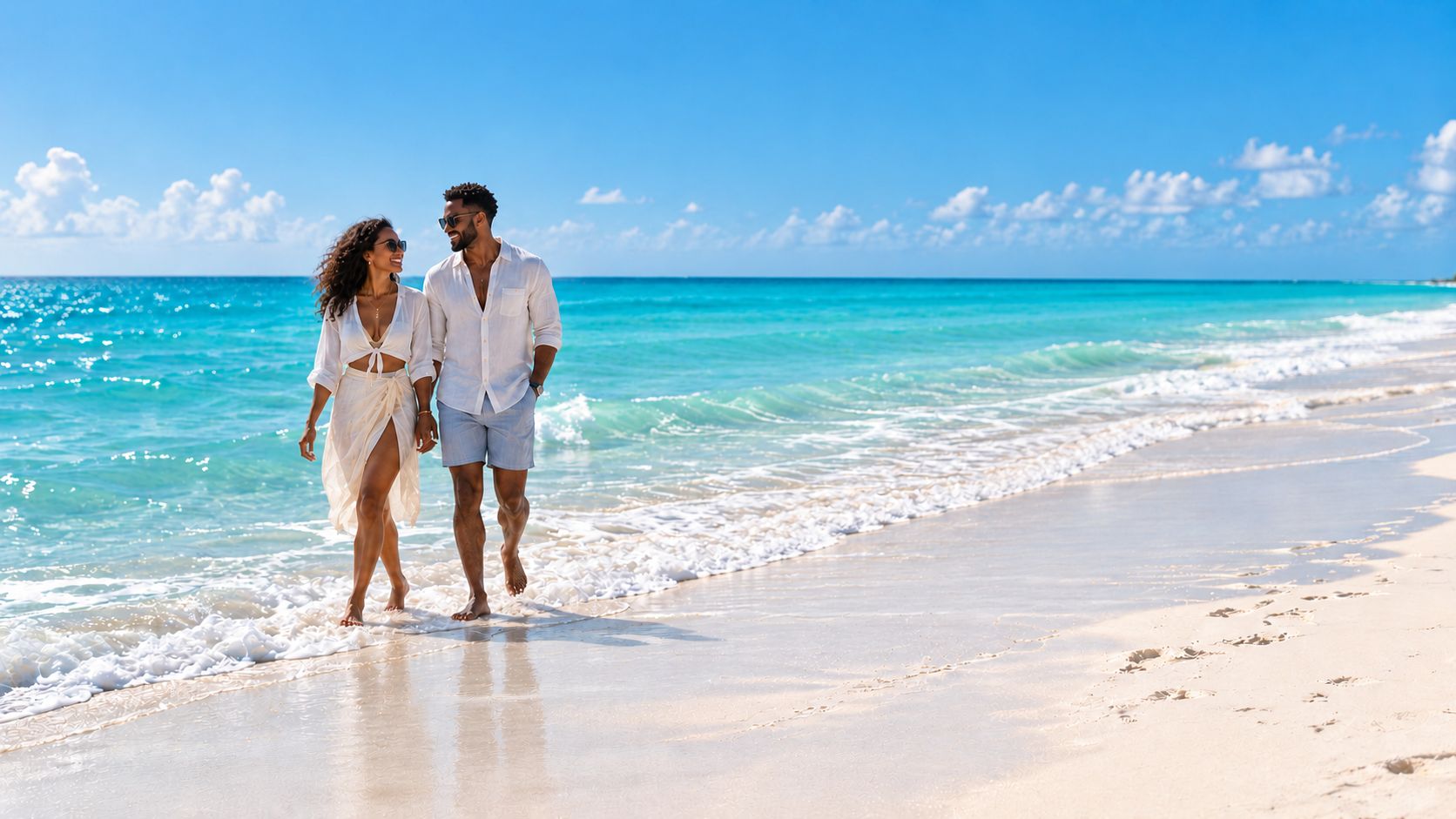Un couple se promène sur une plage de sable fin, avec une eau d’un bleu limpide et un ciel dégagé.