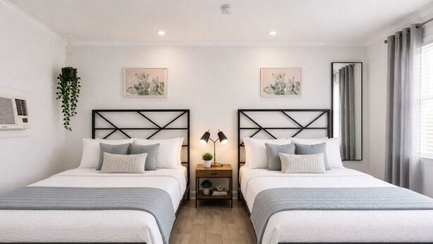 Un dormitorio moderno con dos camas, una mesita de noche con lámpara y una planta colgante.