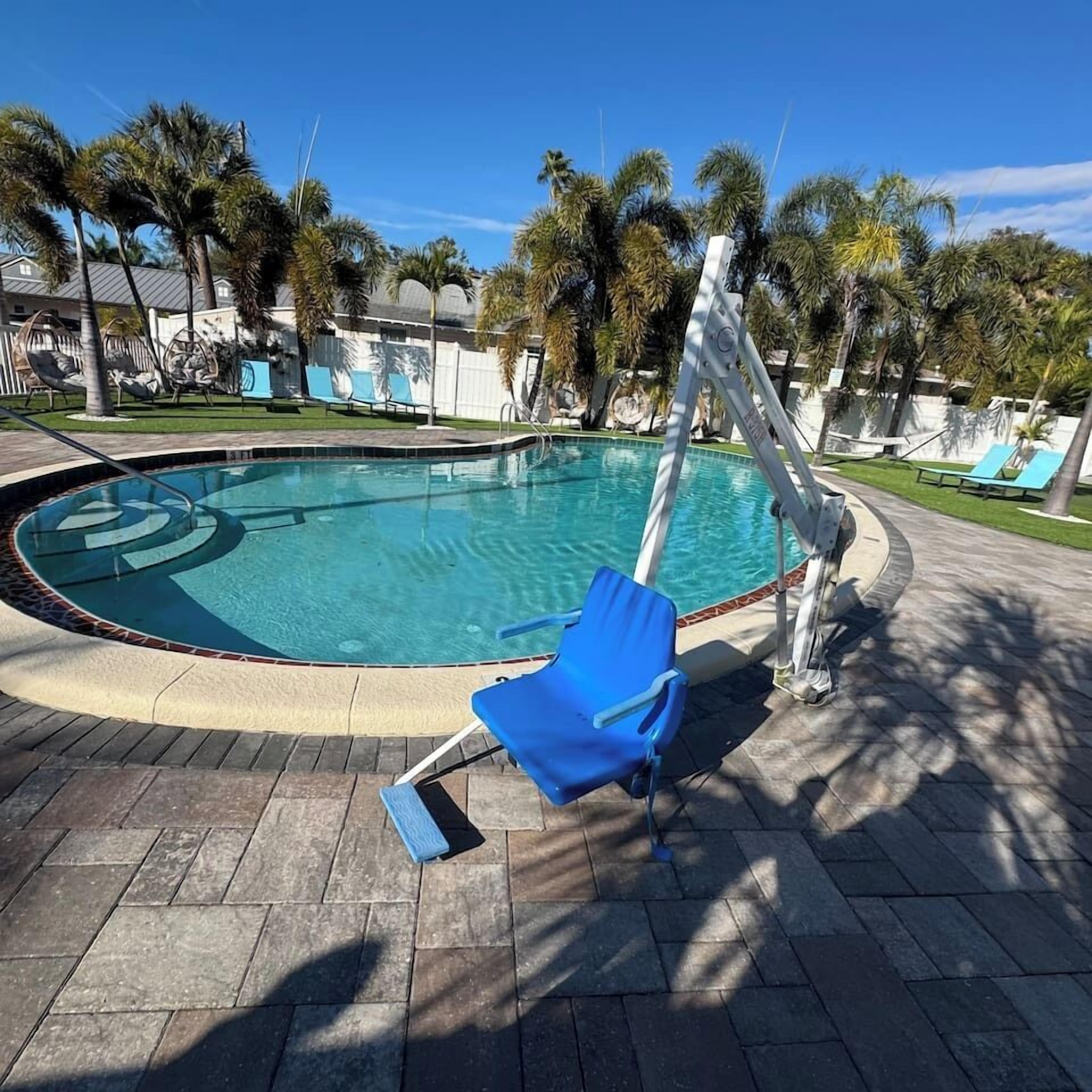 En pool med cirkelformad design, omgiven av palmer och solstolar.