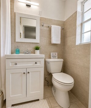 A bathroom with a white vanity, a toilet, and a mirror. - King Suite w Pool, 3 Miles from Clearwater Beach#7 (Clearwater)