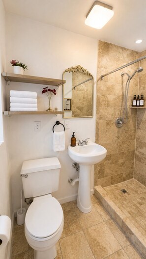 Une salle de bain équipée de toilettes, d’un lavabo, d’une douche et d’un miroir.