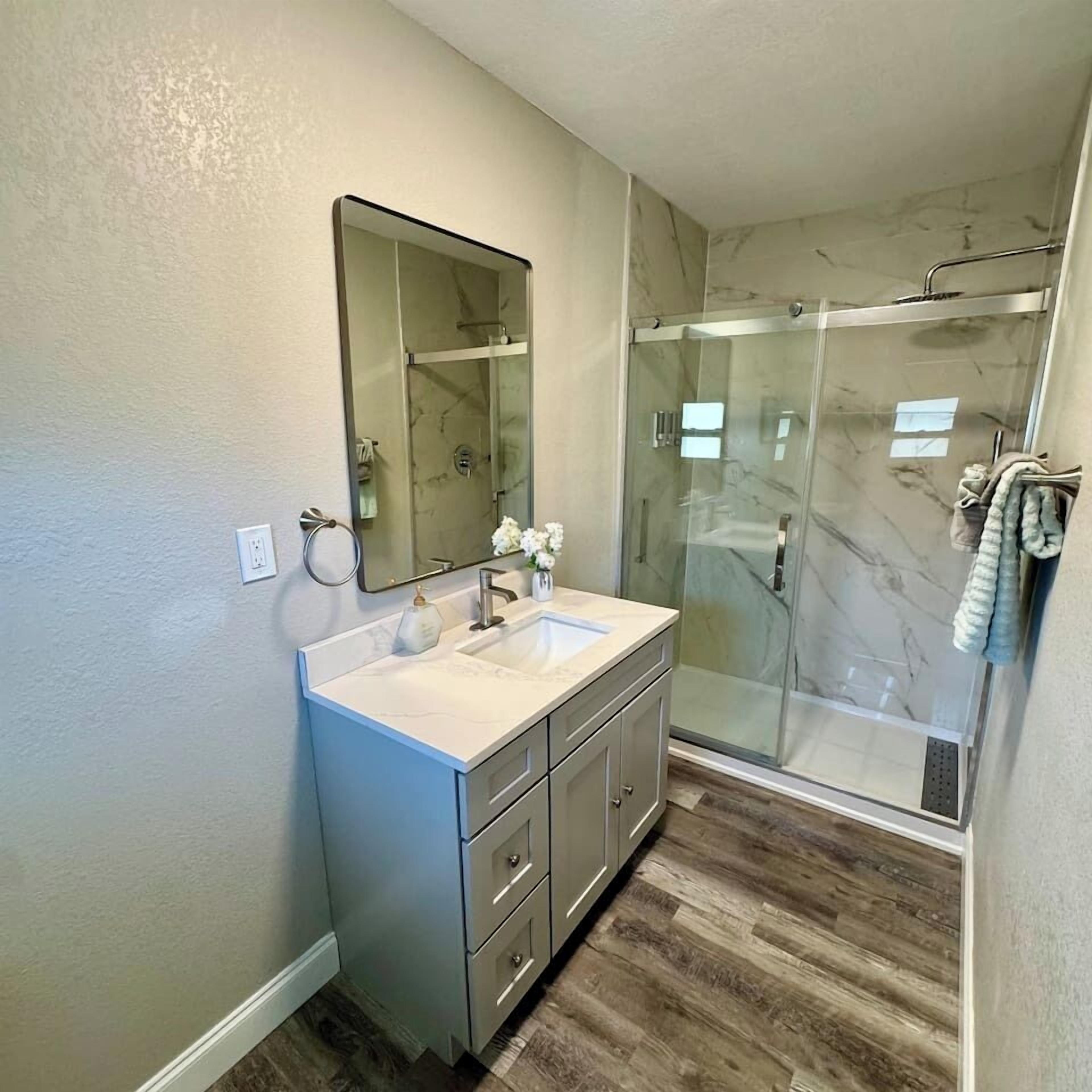 Shower, hair dryer, towels