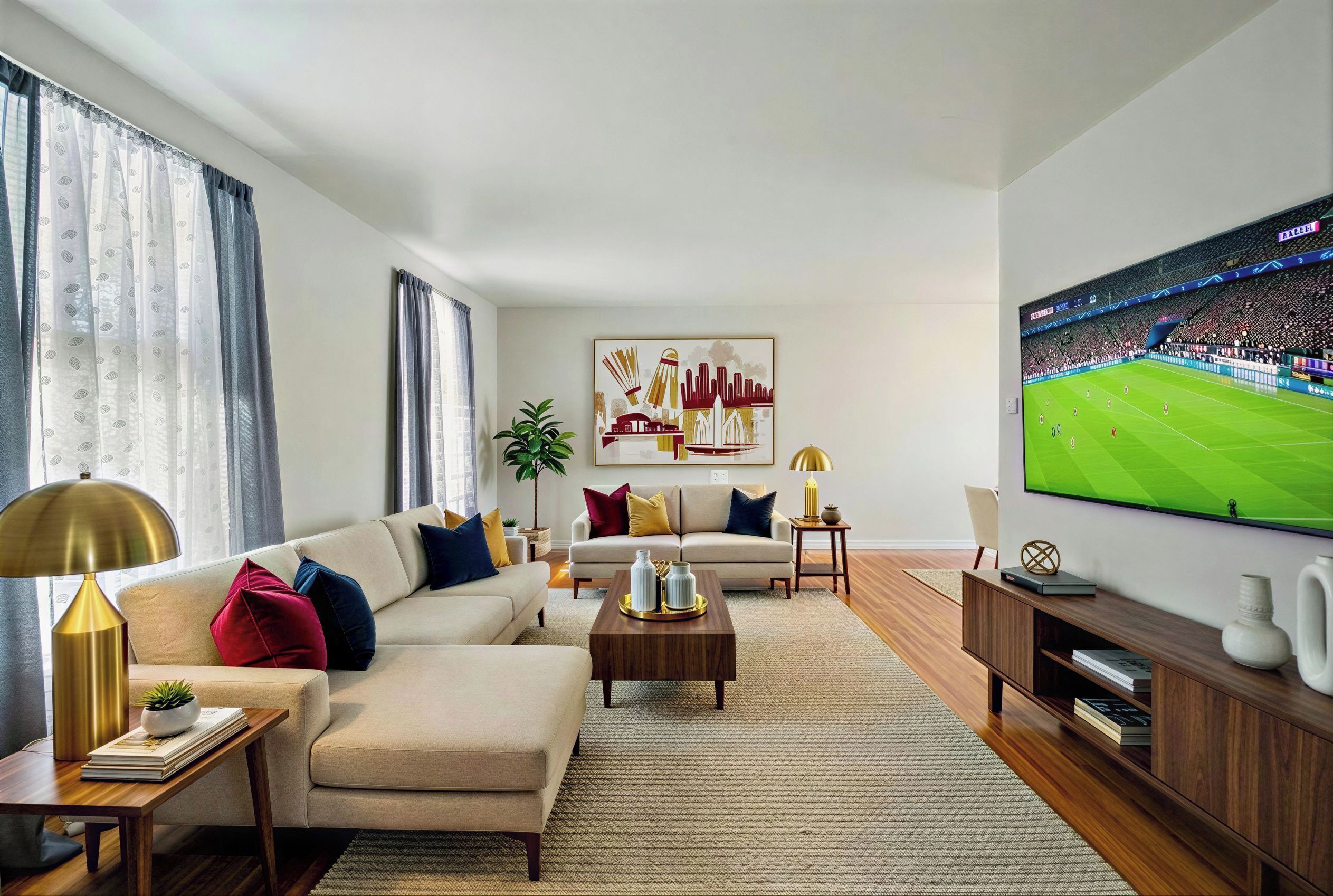 Smart TV, lareira, livros, monitores de computador
