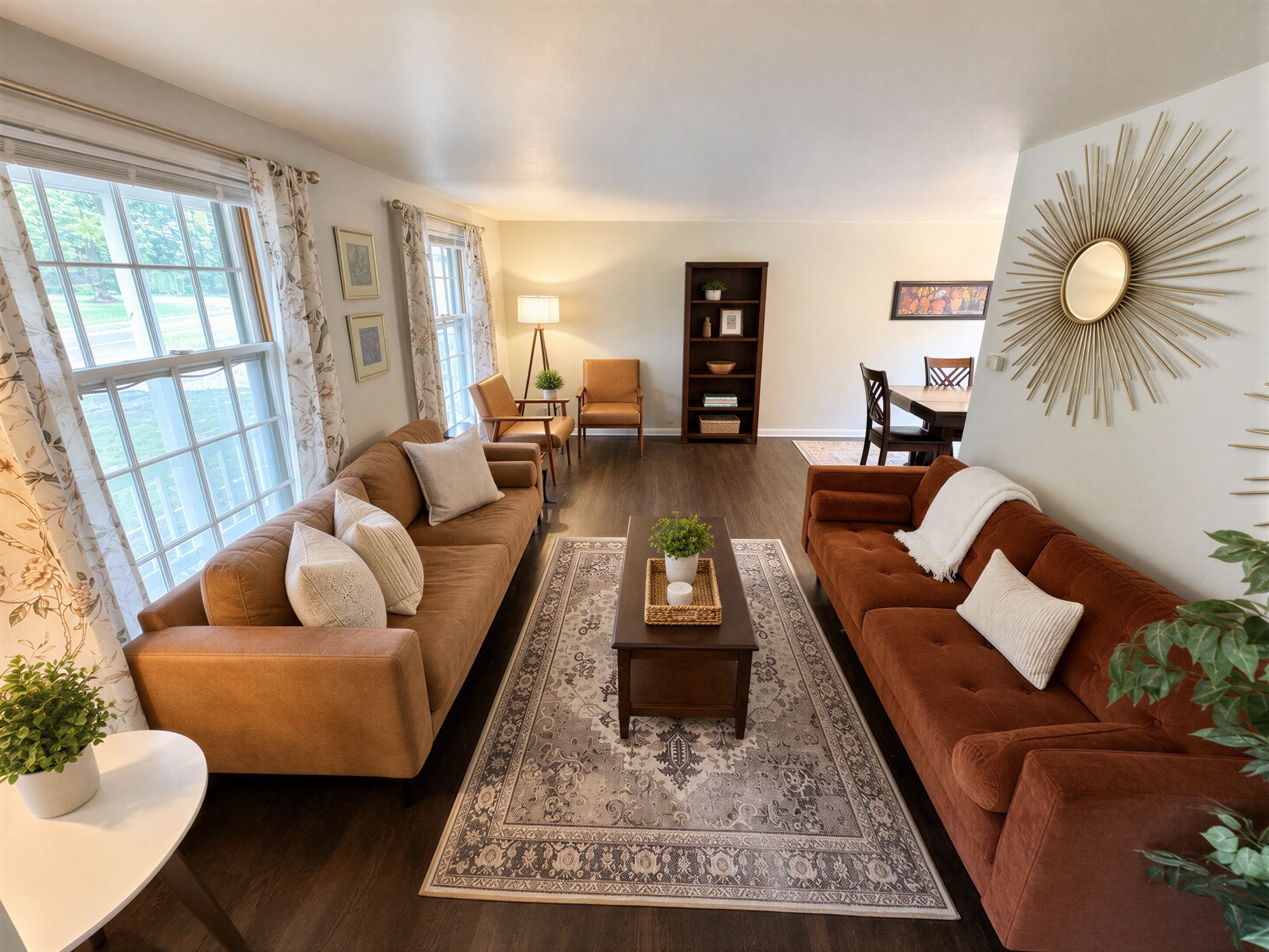 Smart TV, fireplace, books, computer monitors